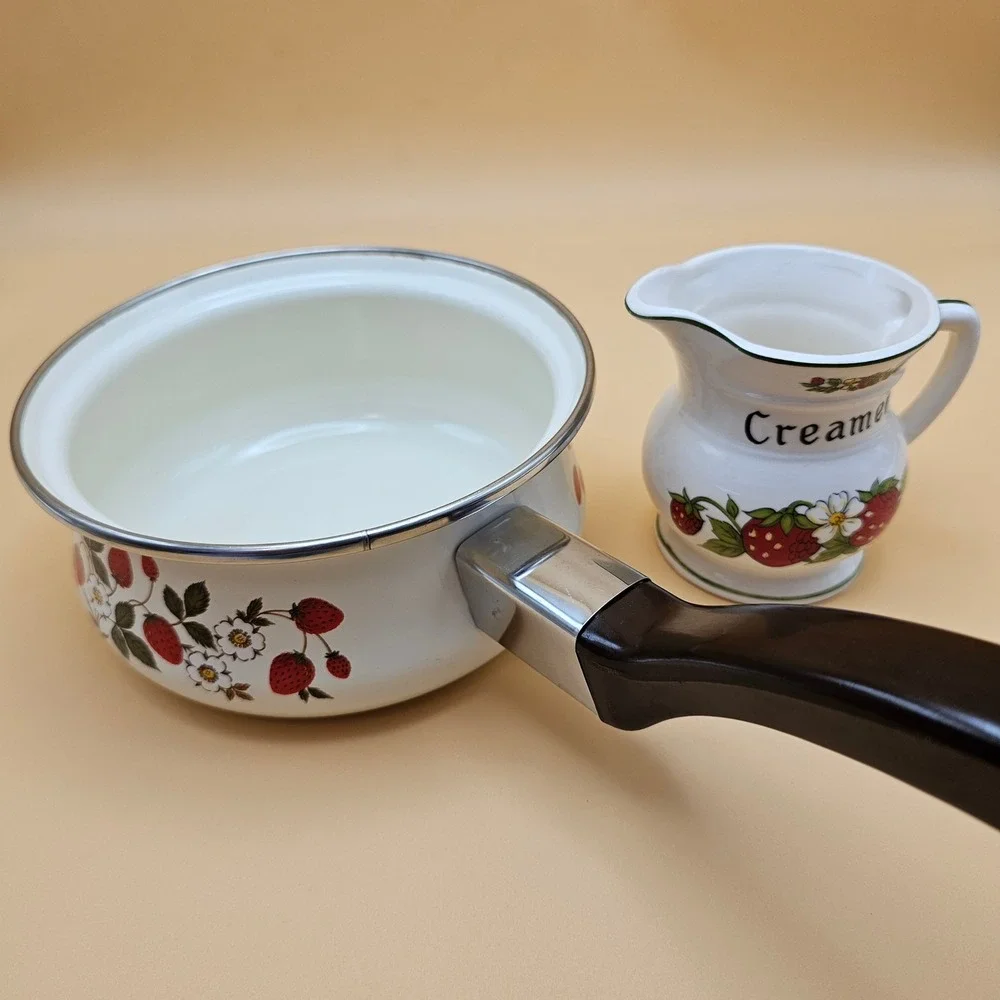 Sheffield Strawberries n Cream Enamel Saucepan‎ Pot with Creamer Pitcher Set